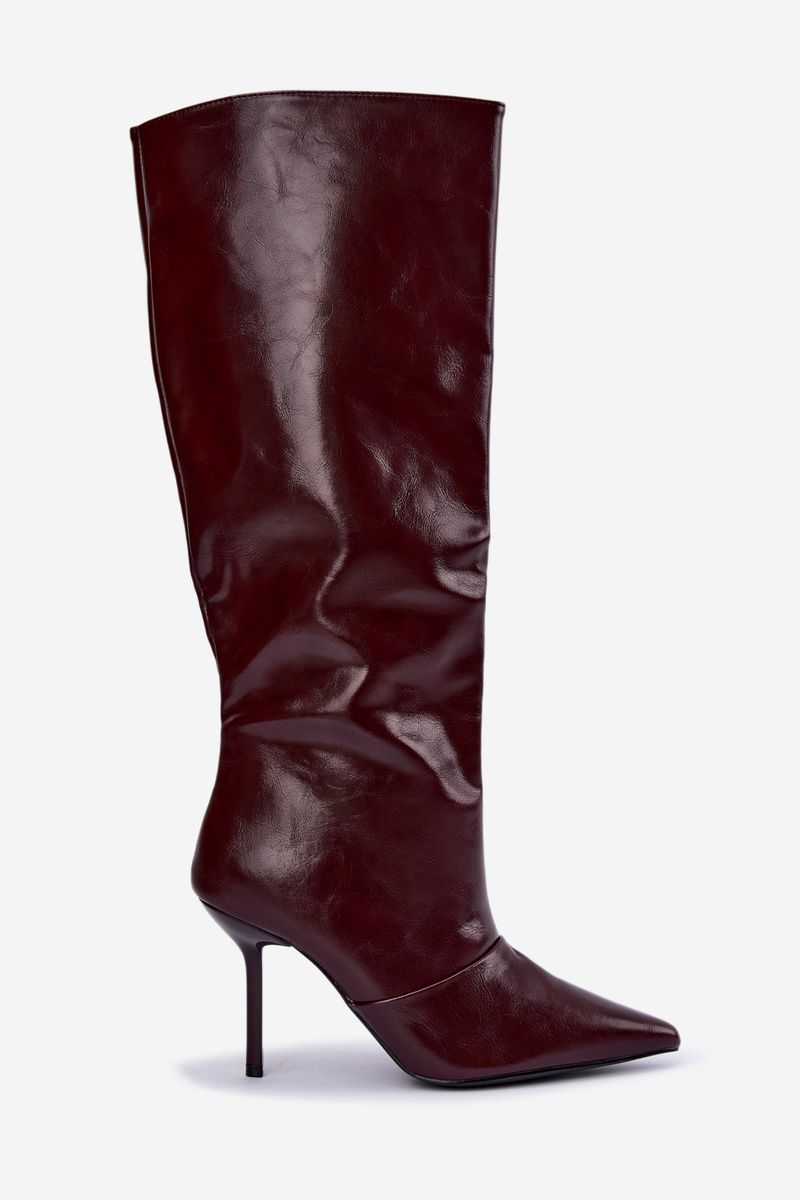Gefütterte bordeauxrote Overknee-Stiefel mit Stilettoabsatz