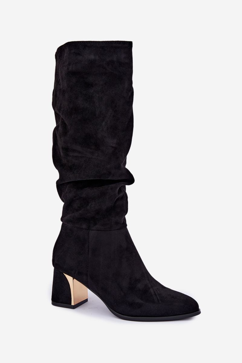 Schwarze Veloursstiefel mit Raffung und Blockabsatz