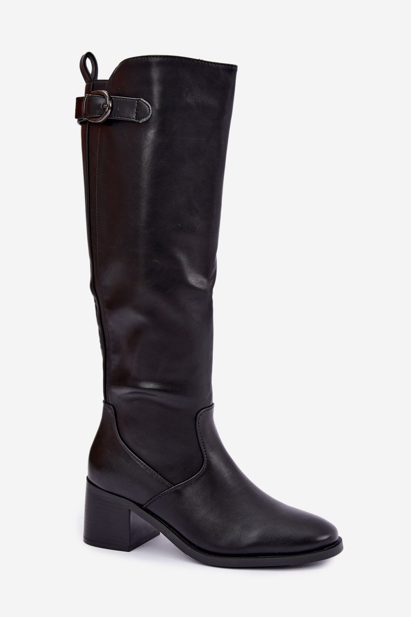 Gefütterte Stiefel mit Blockabsatz und Schnalle schwarz