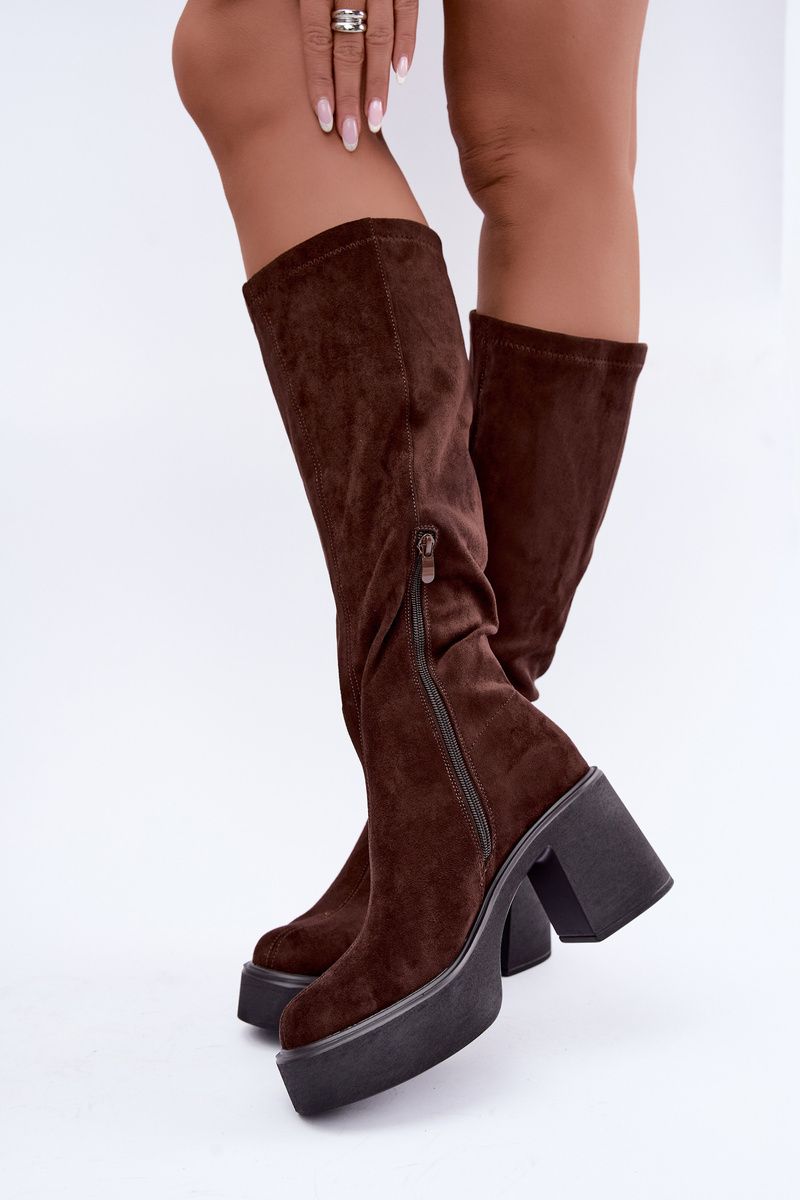 Braune Overknee-Stiefel aus Velourslederimitat mit Plateau und Blockabsatz