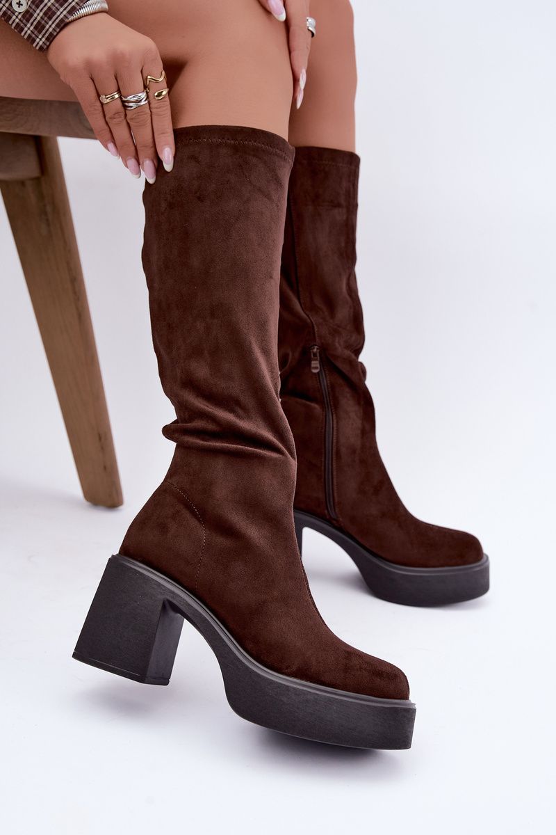 Braune Overknee-Stiefel aus Velourslederimitat mit Plateau und Blockabsatz