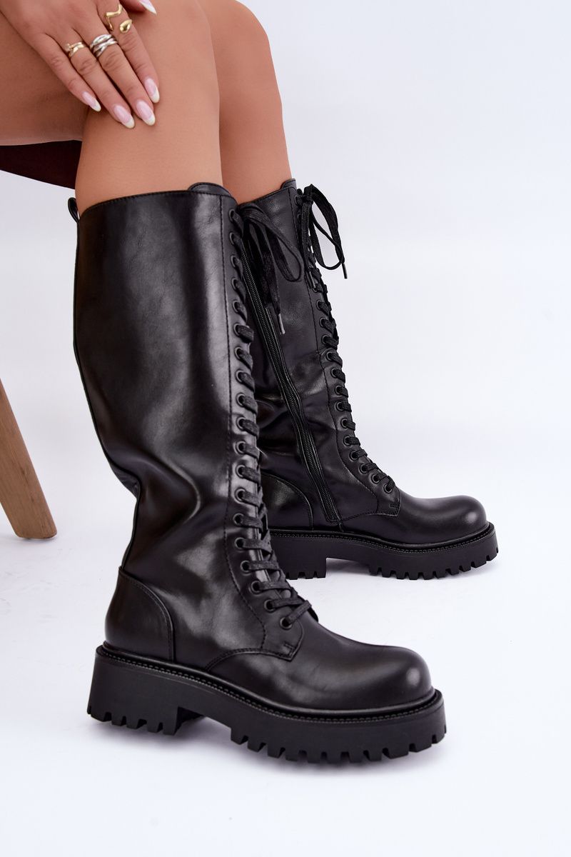 Schnürstiefel auf Plateau, gefüttert, schwarz