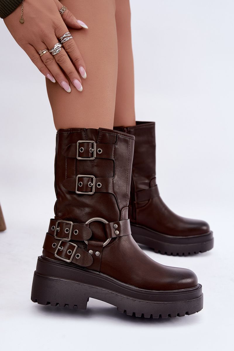 Braune Stiefelette mit Plateau und Schnallen