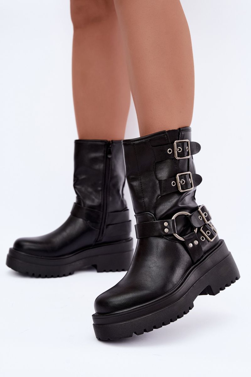 Schwarze Stiefelette mit Plateau und Schnallen