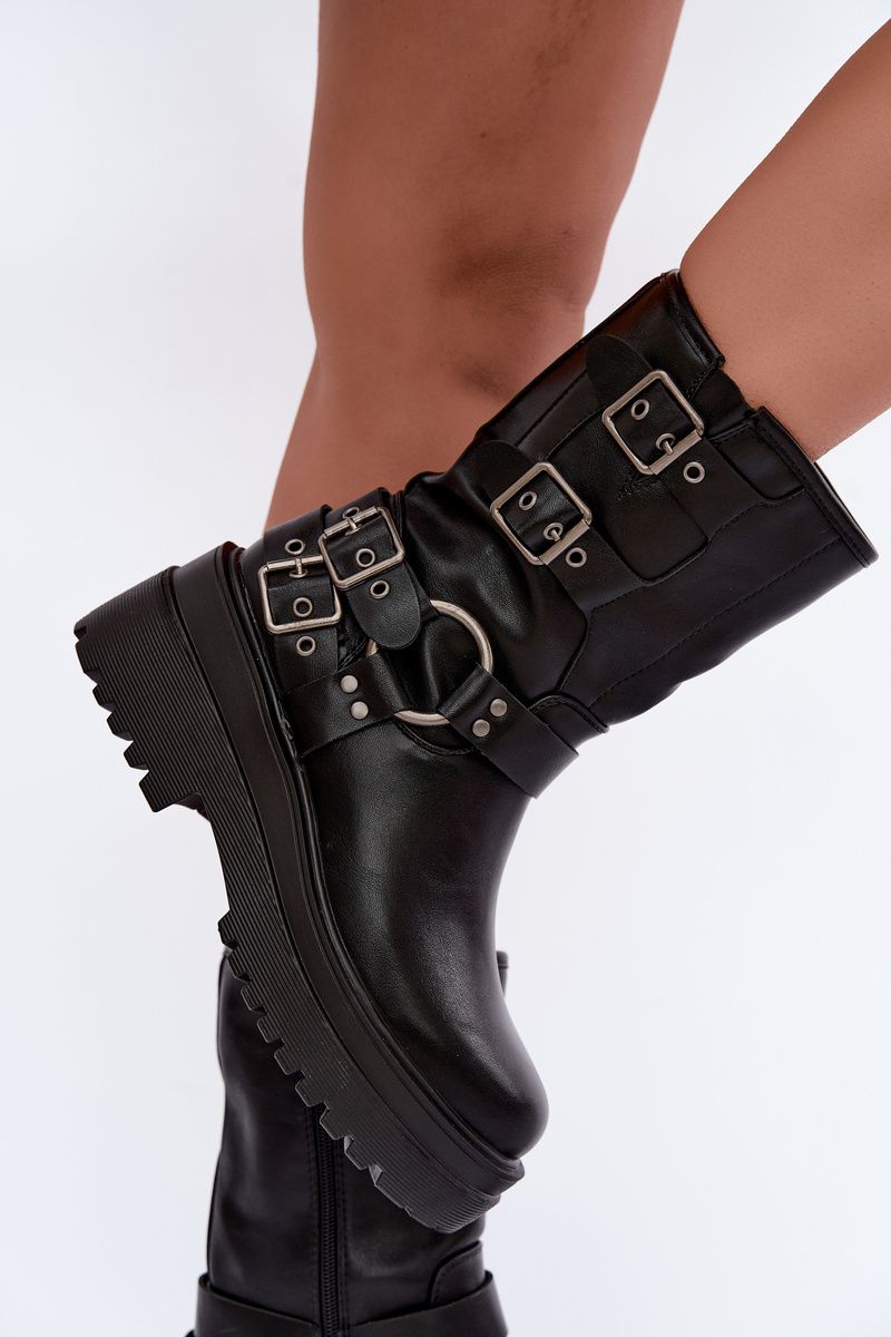 Schwarze Stiefelette mit Plateau und Schnallen