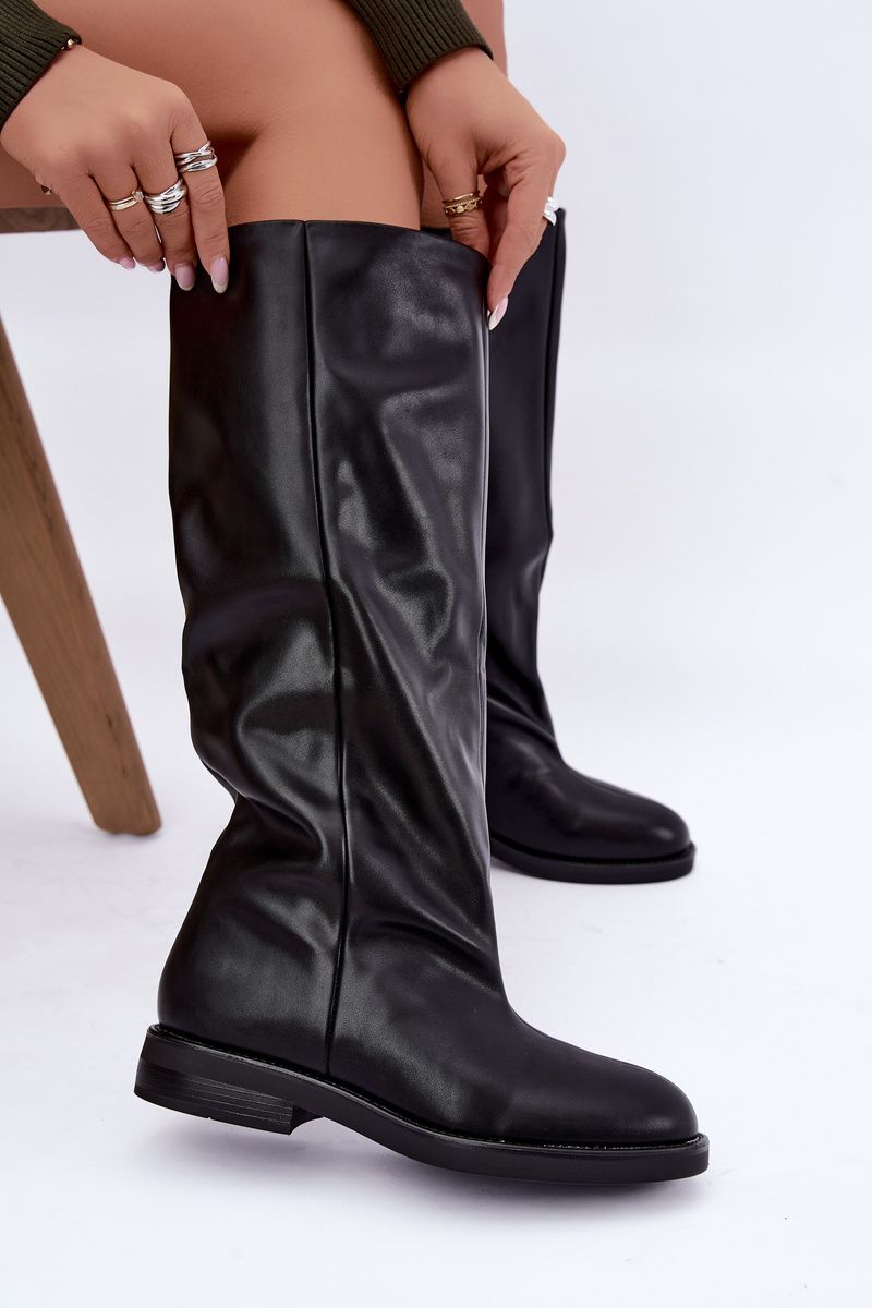 Schwarze Overknee-Stiefel aus Kunstleder mit flachem Absatz