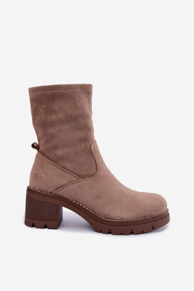 Beige Stiefelette mit Blockabsatz aus Velourslederimitat