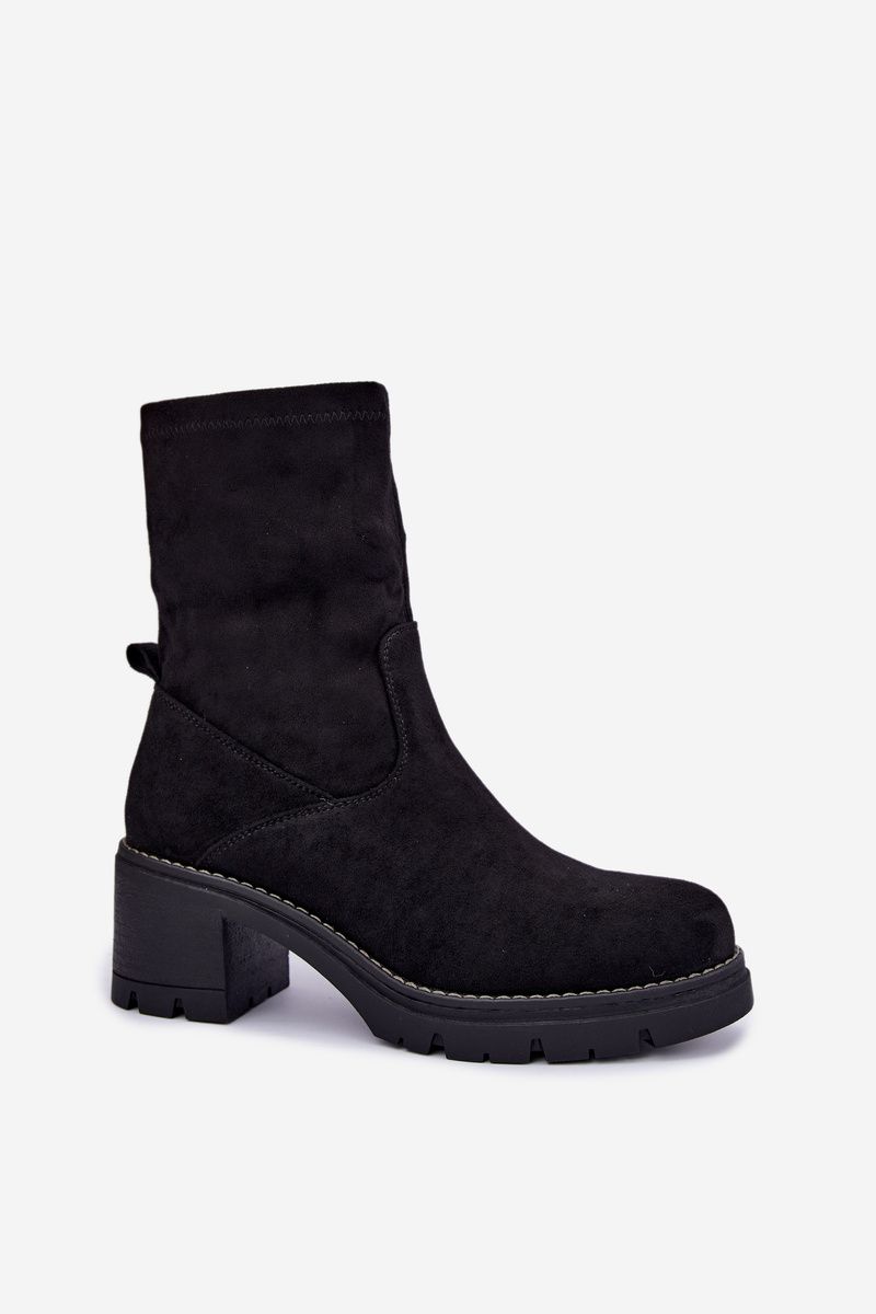 Schwarze Stiefelette aus Velourslederimitat mit Blockabsatz