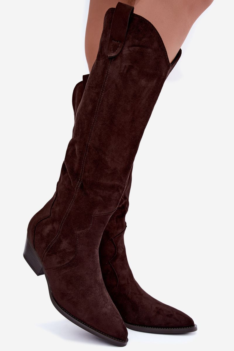 Gefütterte braune Overknee-Stiefel mit Blockabsatz aus Wildlederimitat