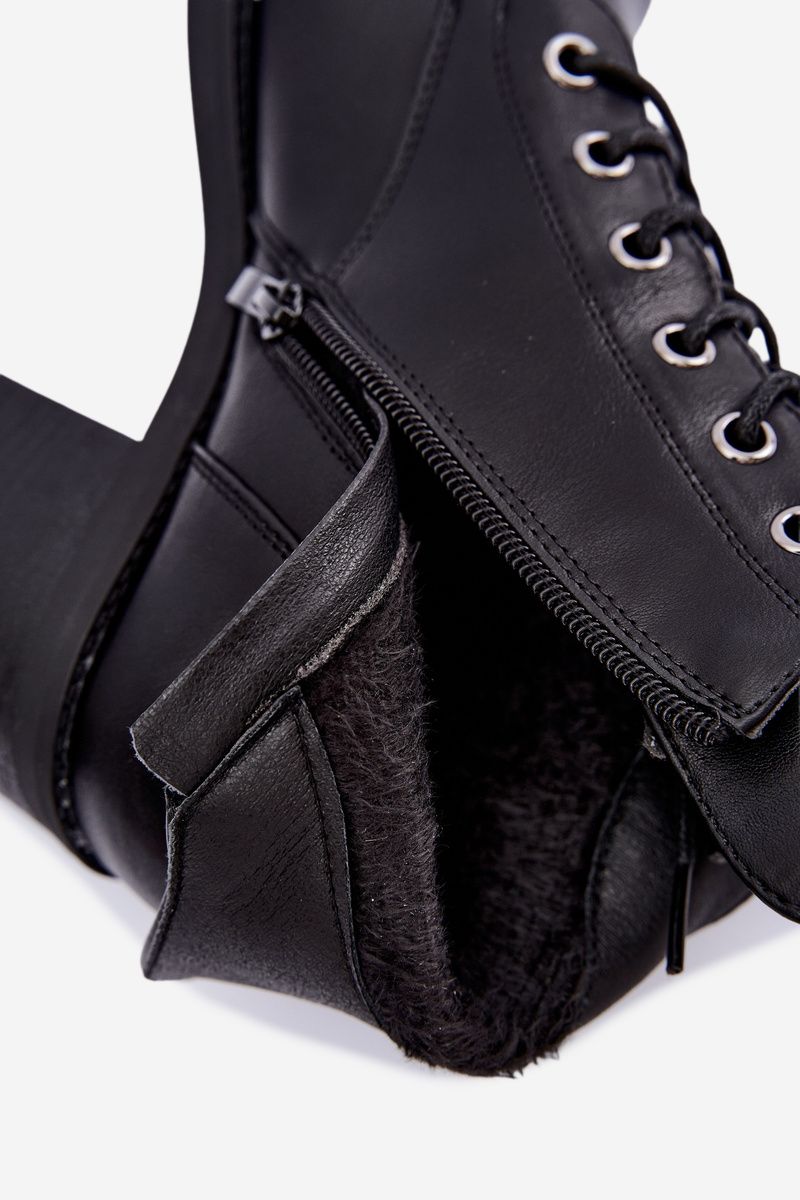 Schnürbare gefütterte Stiefelette mit Blockabsatz, schwarz