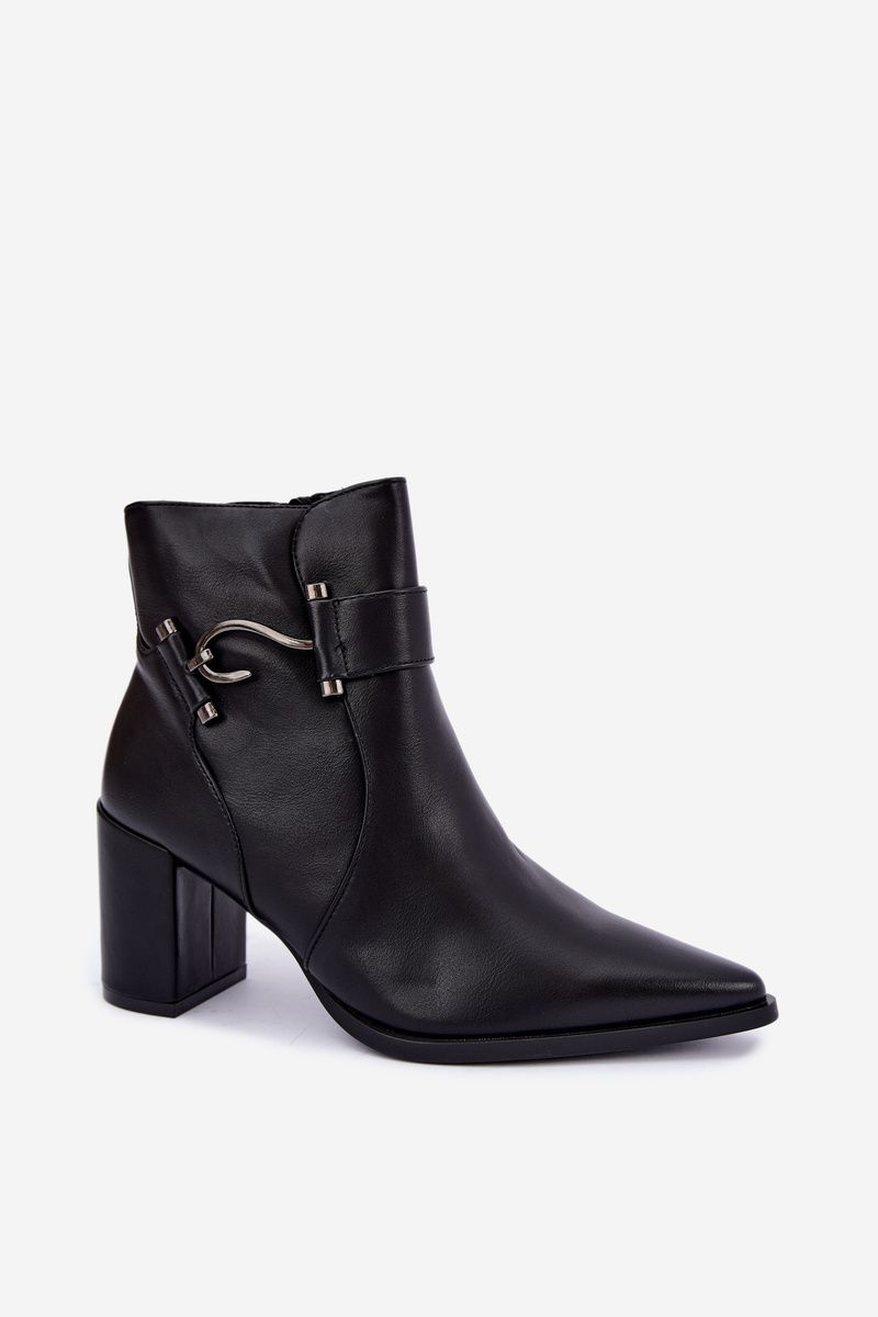 Gefütterte Stiefelette mit Blockabsatz und Zierde, schwarz
