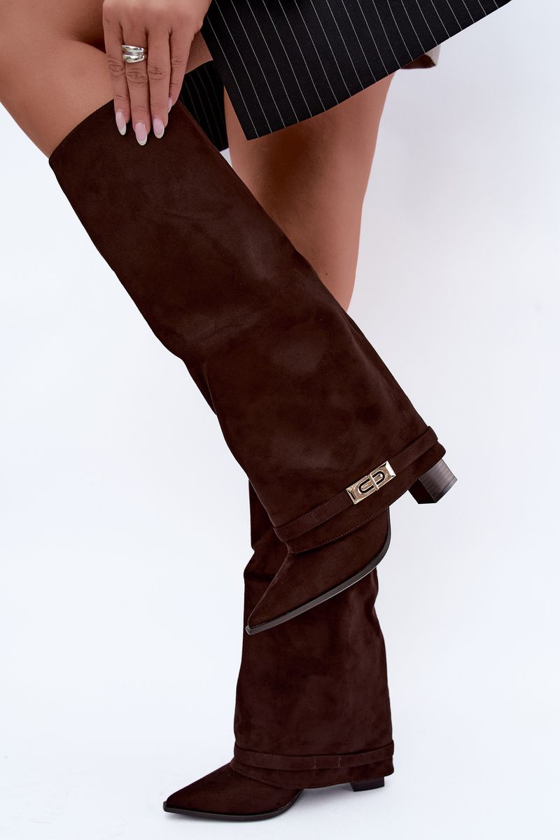 Gefütterte Stiefel mit umgeschlagenem Schaft und Absatz, braun