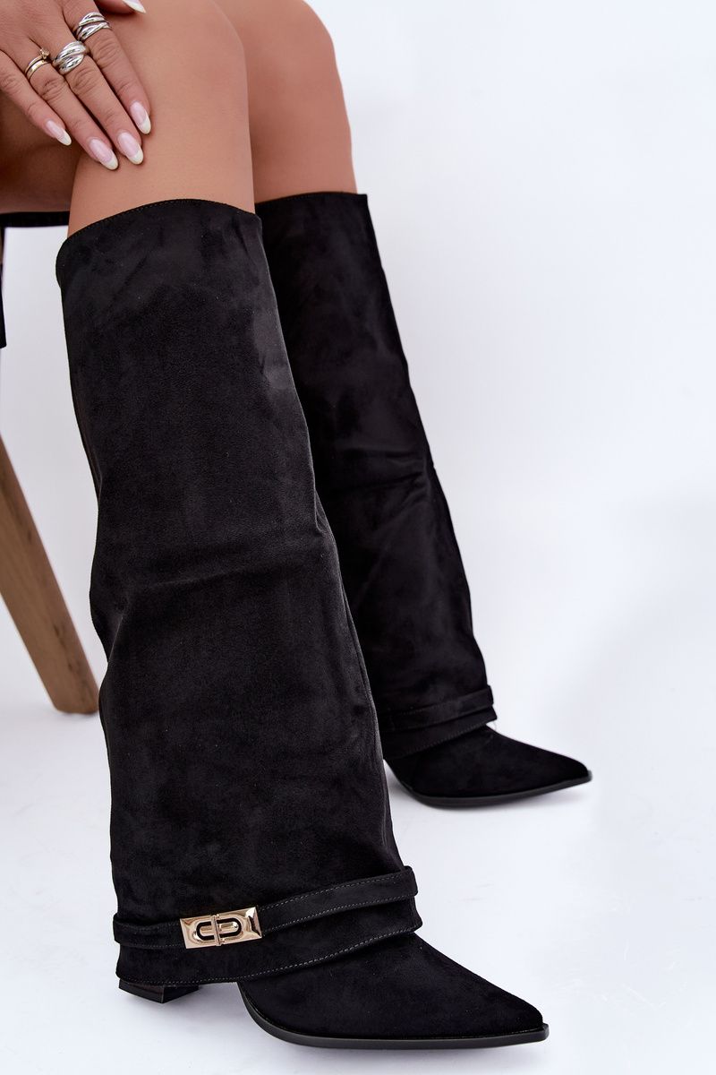 Gefütterte Overknee-Stiefel mit umgeschlagenem Schaft und Absatz schwarz
