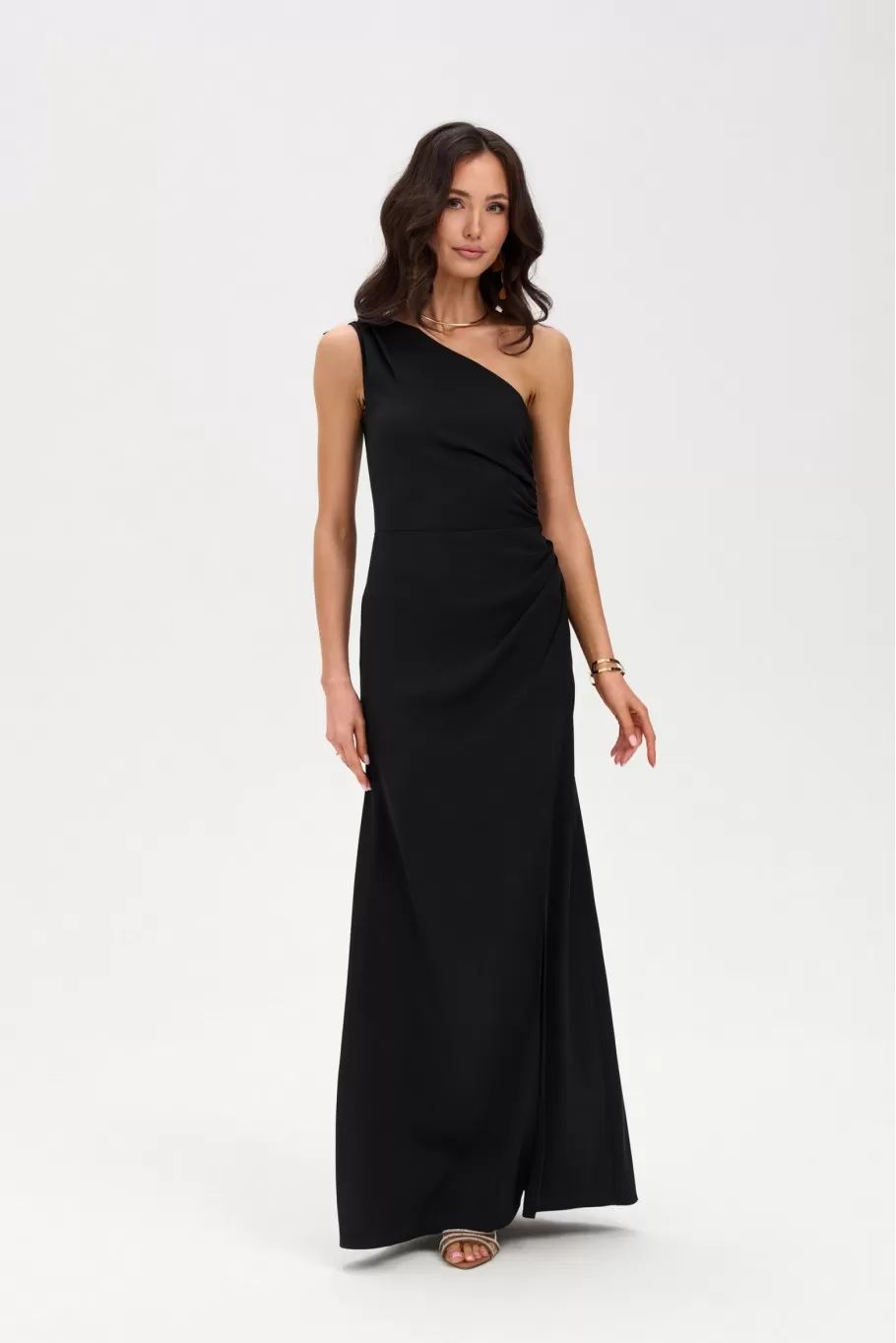 Schwarzes Maxi-Kleid mit Schlitz und One-Shoulder-Design