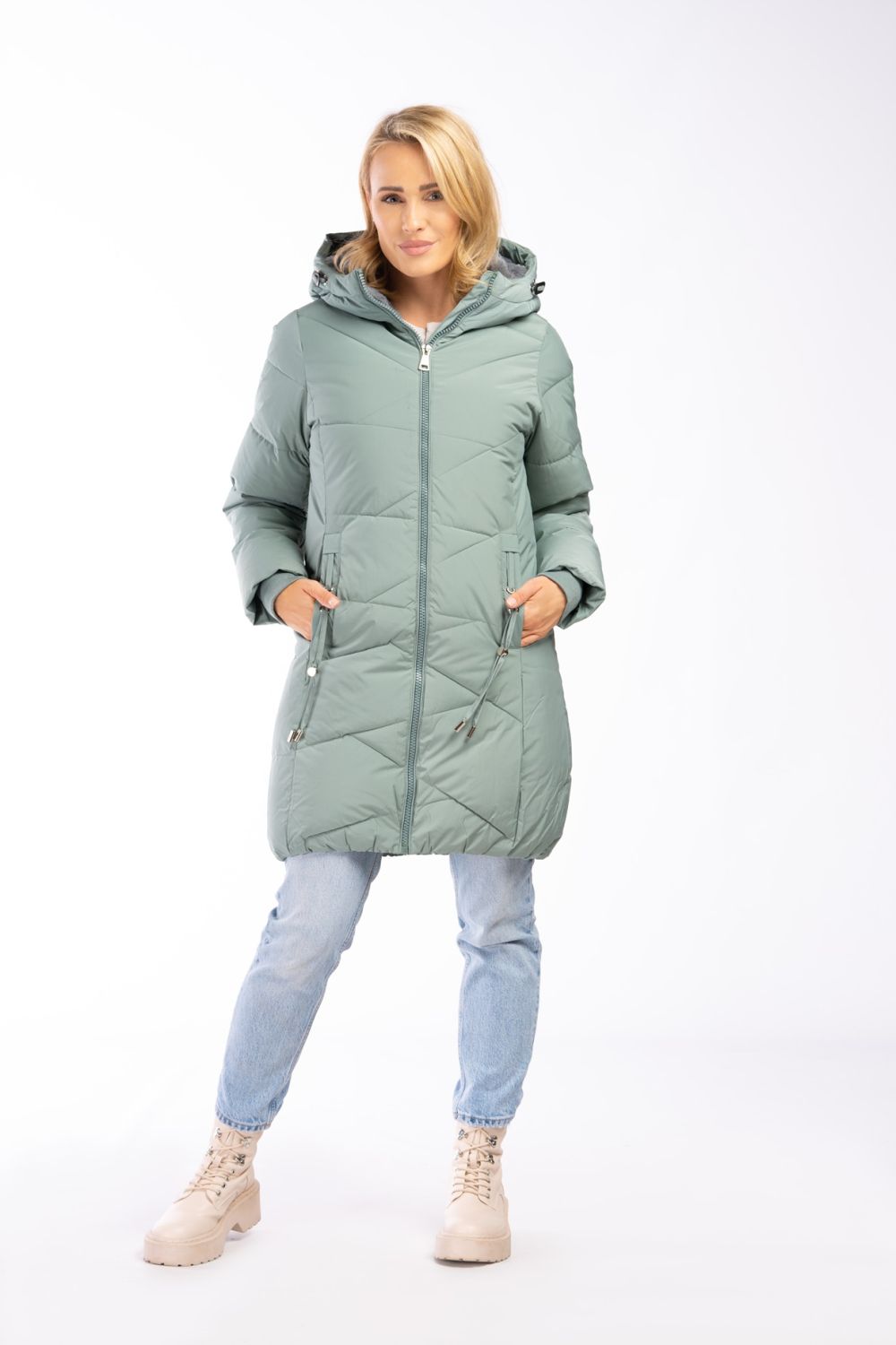 Warme Winterjacke in verlängertem Schnitt Mintgrün