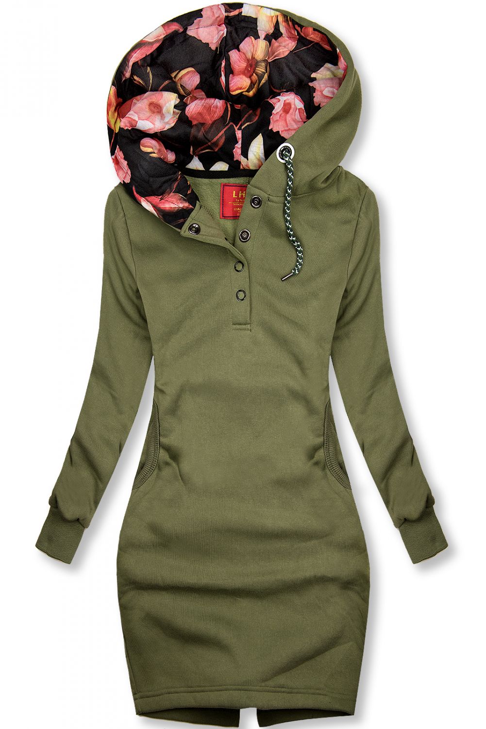 Sweatshirt/Sweatkleid mit Kapuze und Rippbündchen khaki