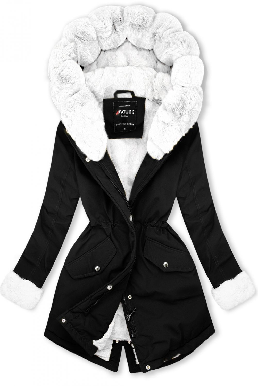 Parka mit abnehmbaren Fellimitat schwarz/weiß