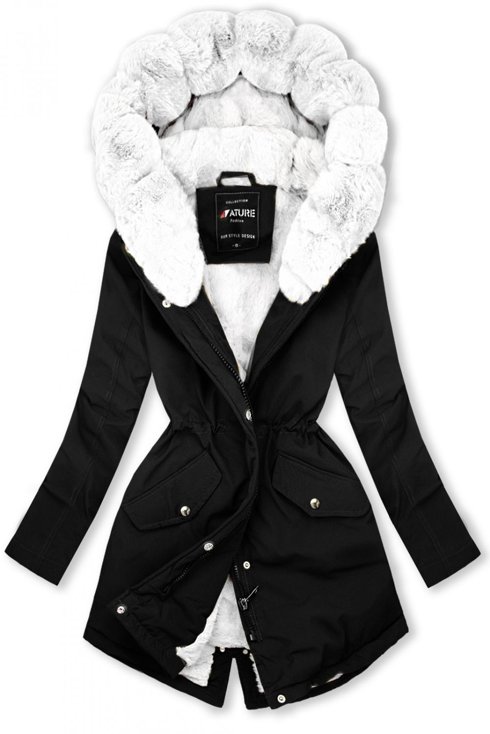 Parka mit abnehmbaren Fellimitat schwarz/weiß