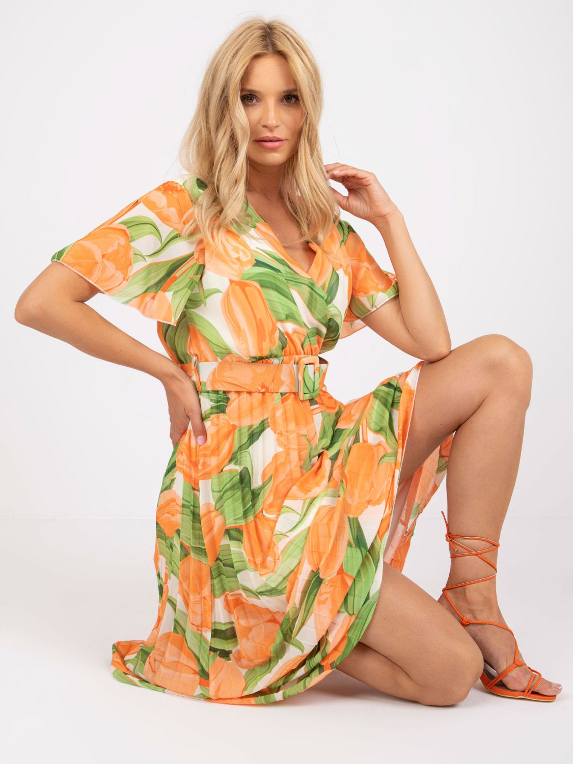 Blumen Midi Kleid in Orange