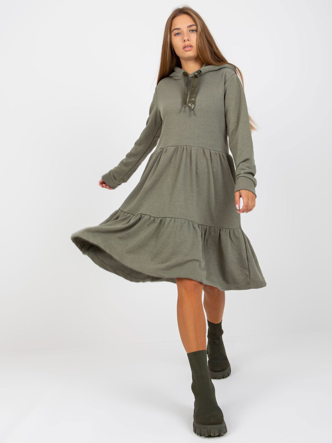 Khaki ausgestellte Sweatkleid mit Volant FRESH MADE