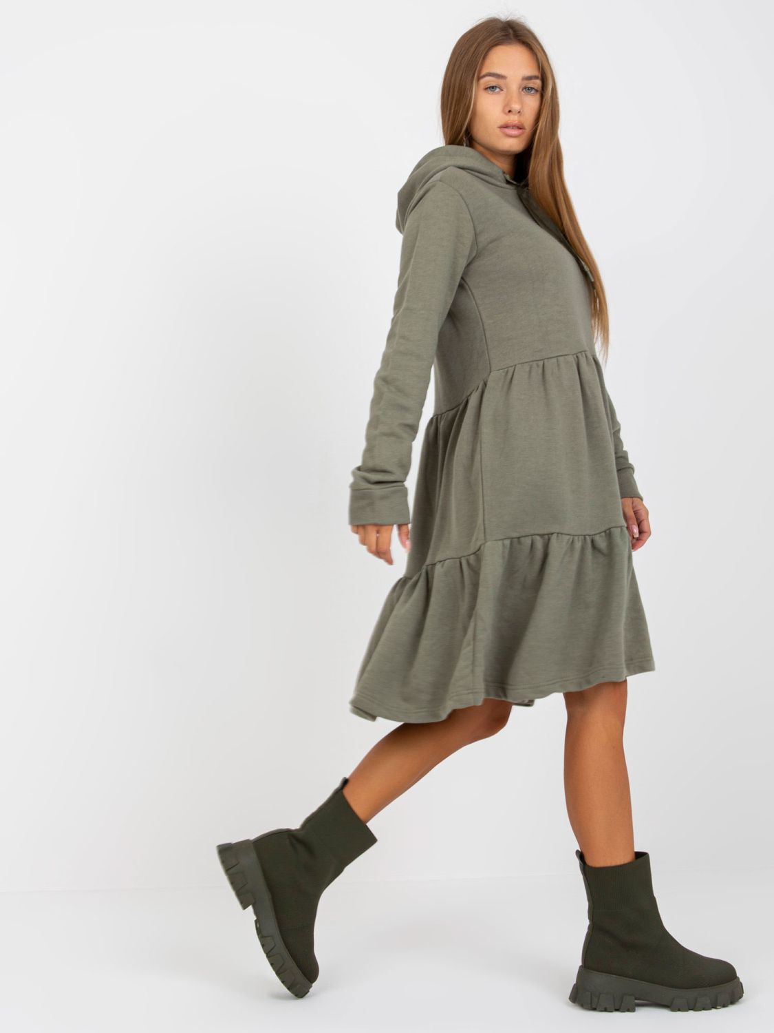 Khaki ausgestellte Sweatkleid mit Volant FRESH MADE