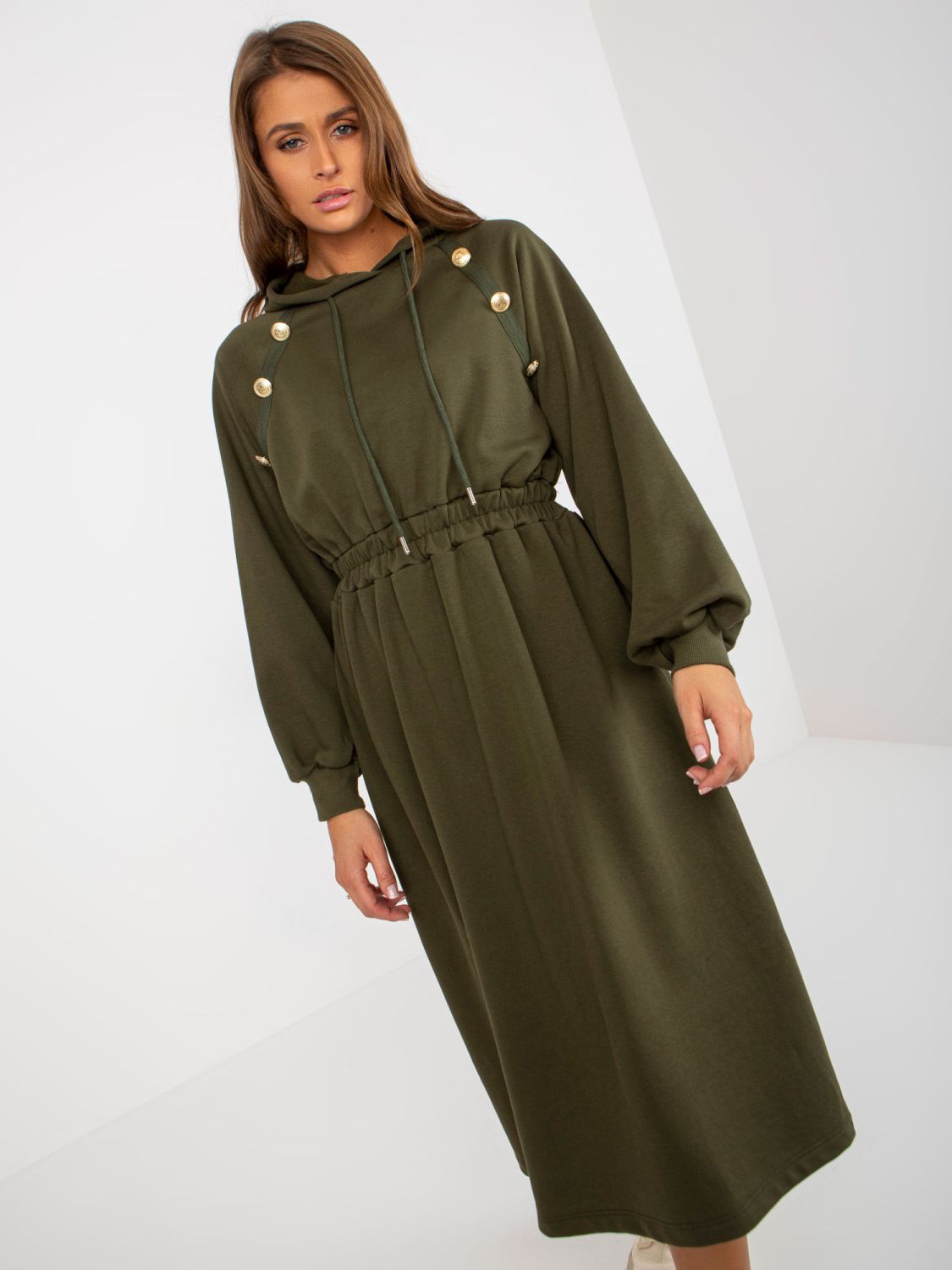 Khaki Midi ausgestellte Sweatkleid mit Knöpfen
