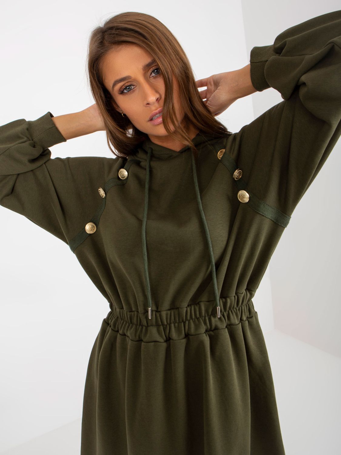 Khaki Midi ausgestellte Sweatkleid mit Knöpfen