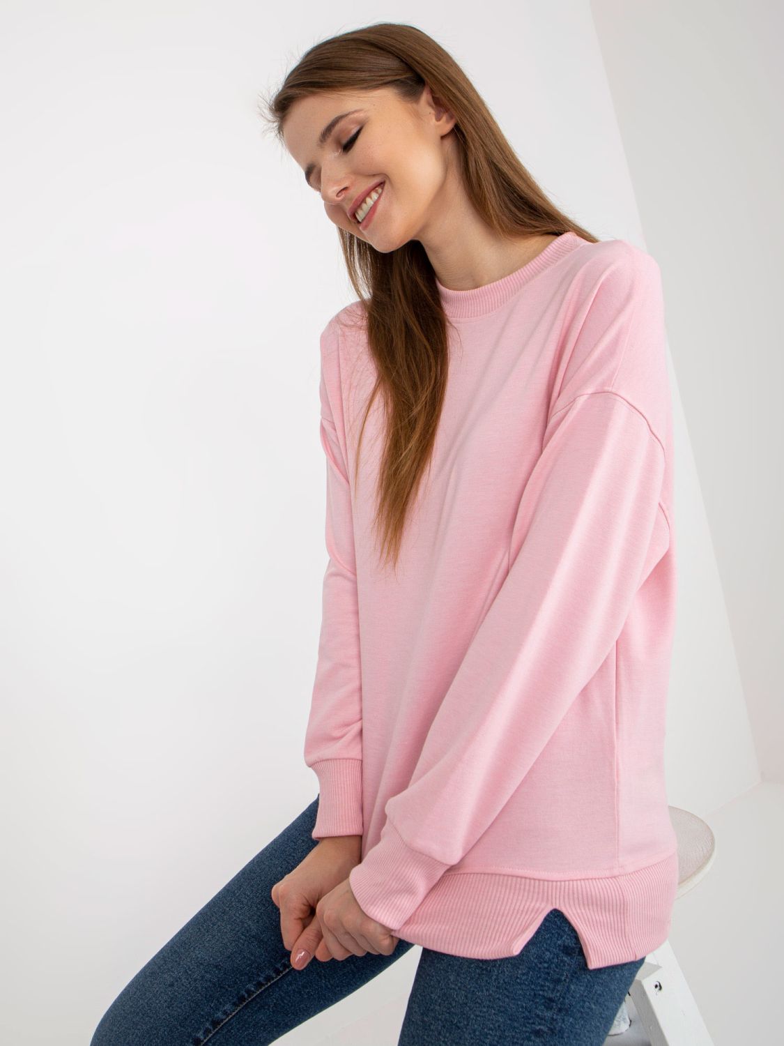 Helle rosa Basic Sweatshirt ohne Kapuze mit Schlitzen
