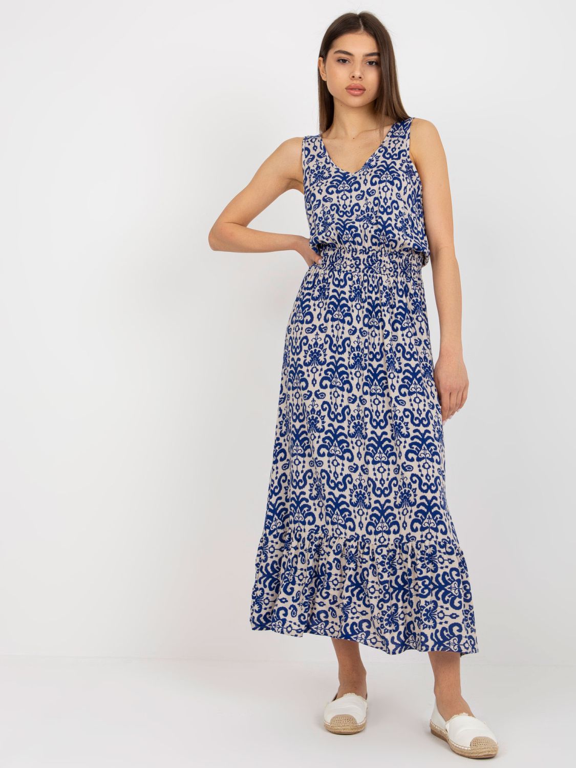 Dunkelblaue Midi-Kleid mit Muster FRESH MADE