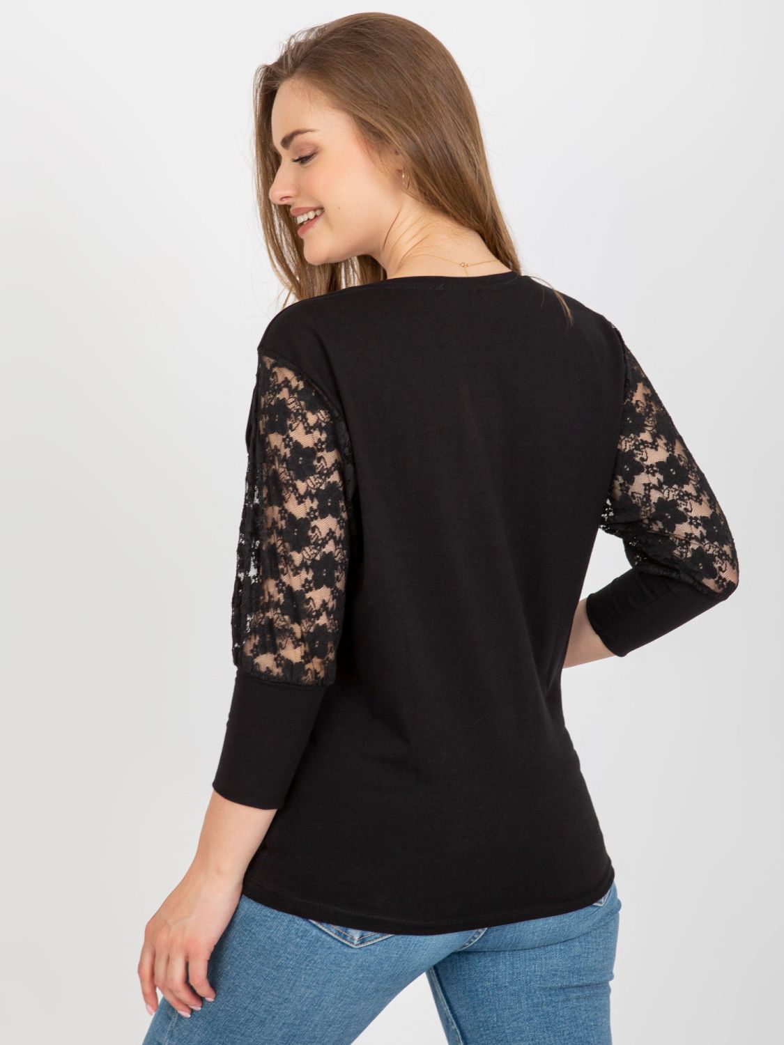 Schwarze Bluse mit Spitze und 3/4-Ärmeln Hawana RUE PARIS