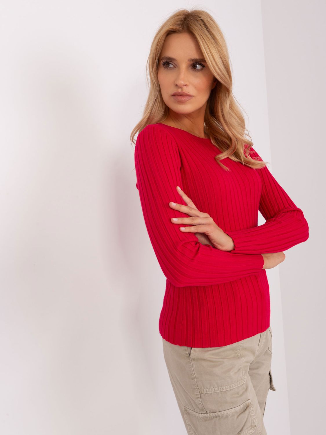 Roter Damen klassischer Pullover mit Streifen