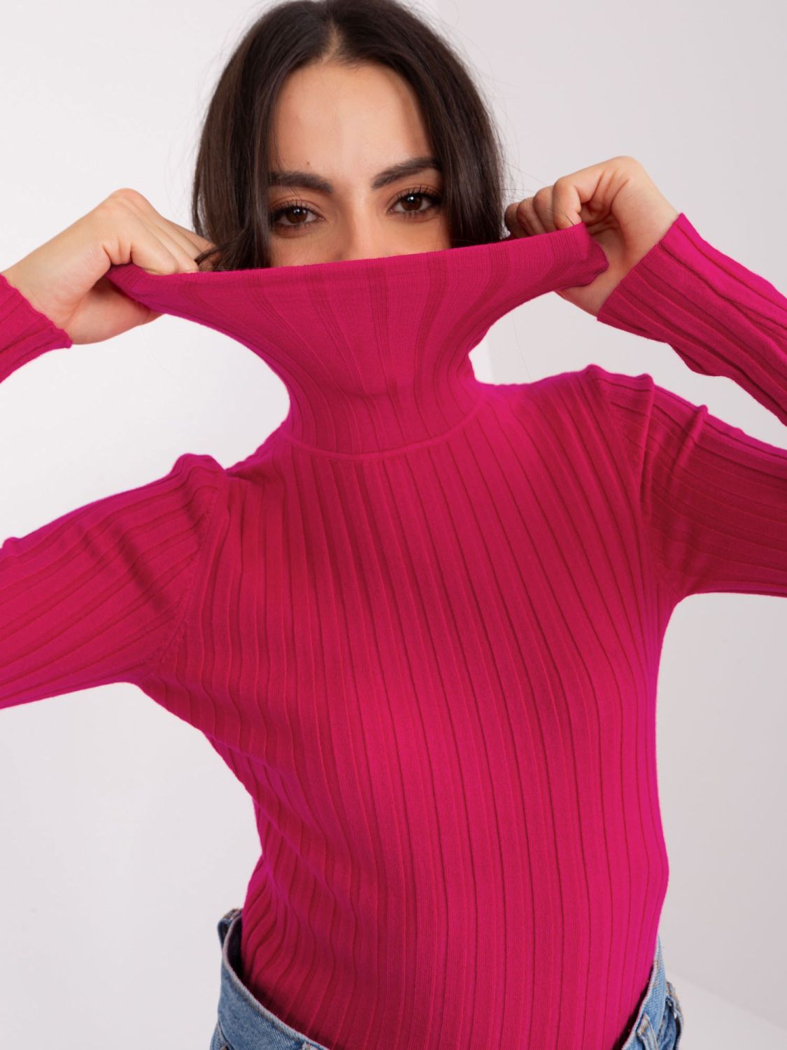 Fuchsia gestreifter Pullover mit Rollkragen