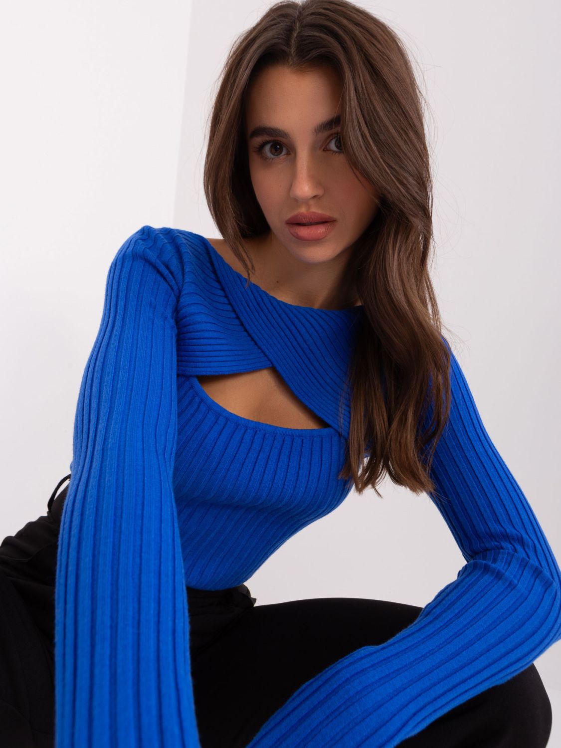 Kobaltfarbener klassischer Pullover mit langen Ärmeln