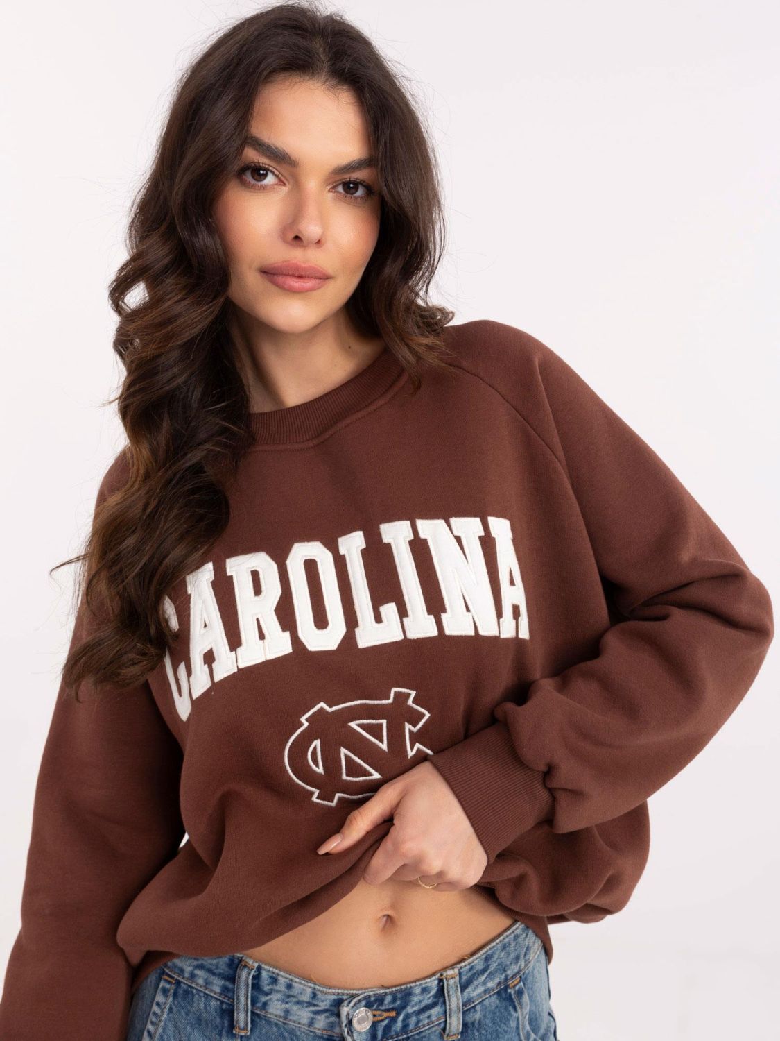 Braunes Sweatshirt mit Applikationen und Stickerei