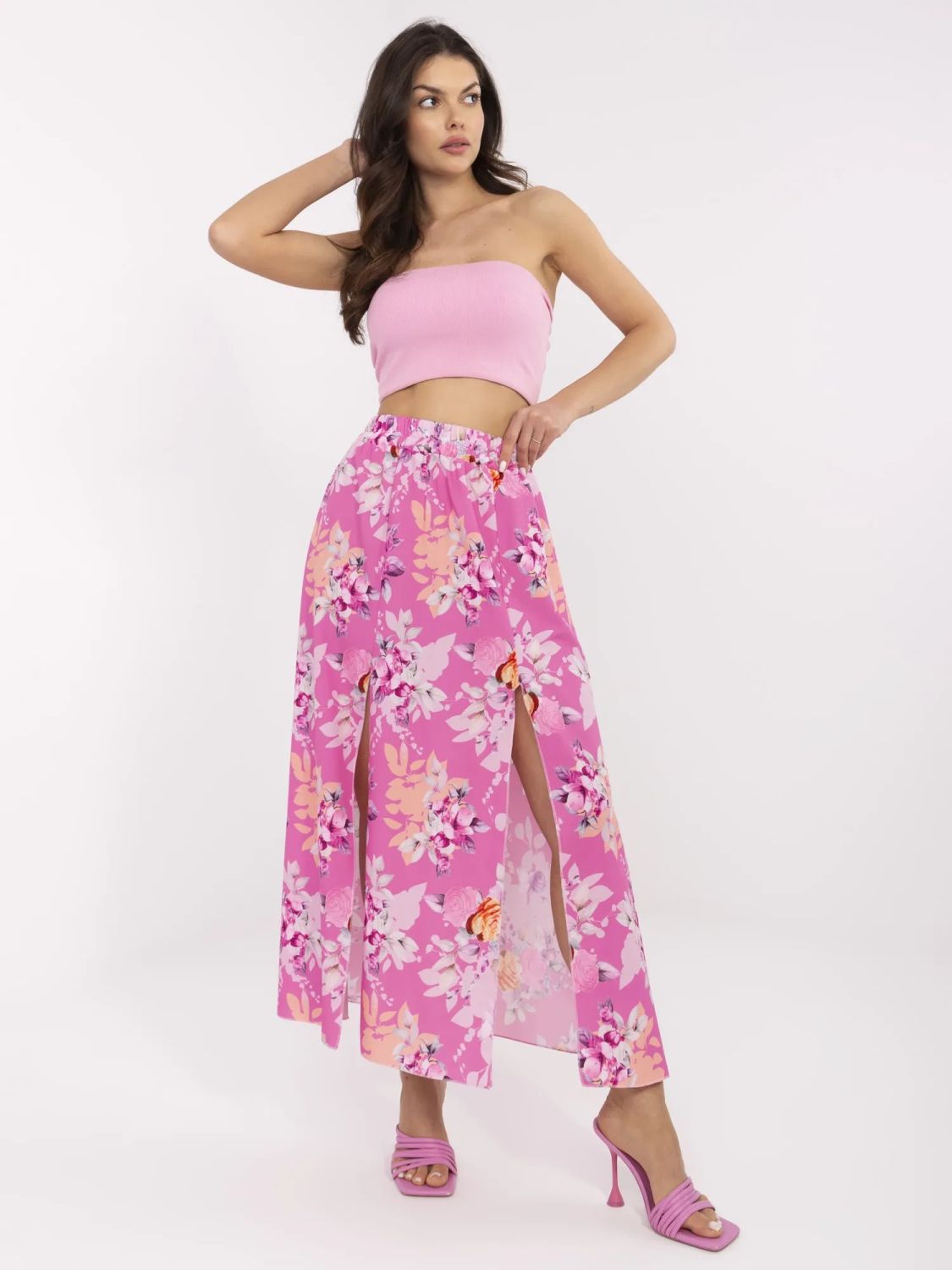 Rosa Midi-Rock mit Blumenmuster