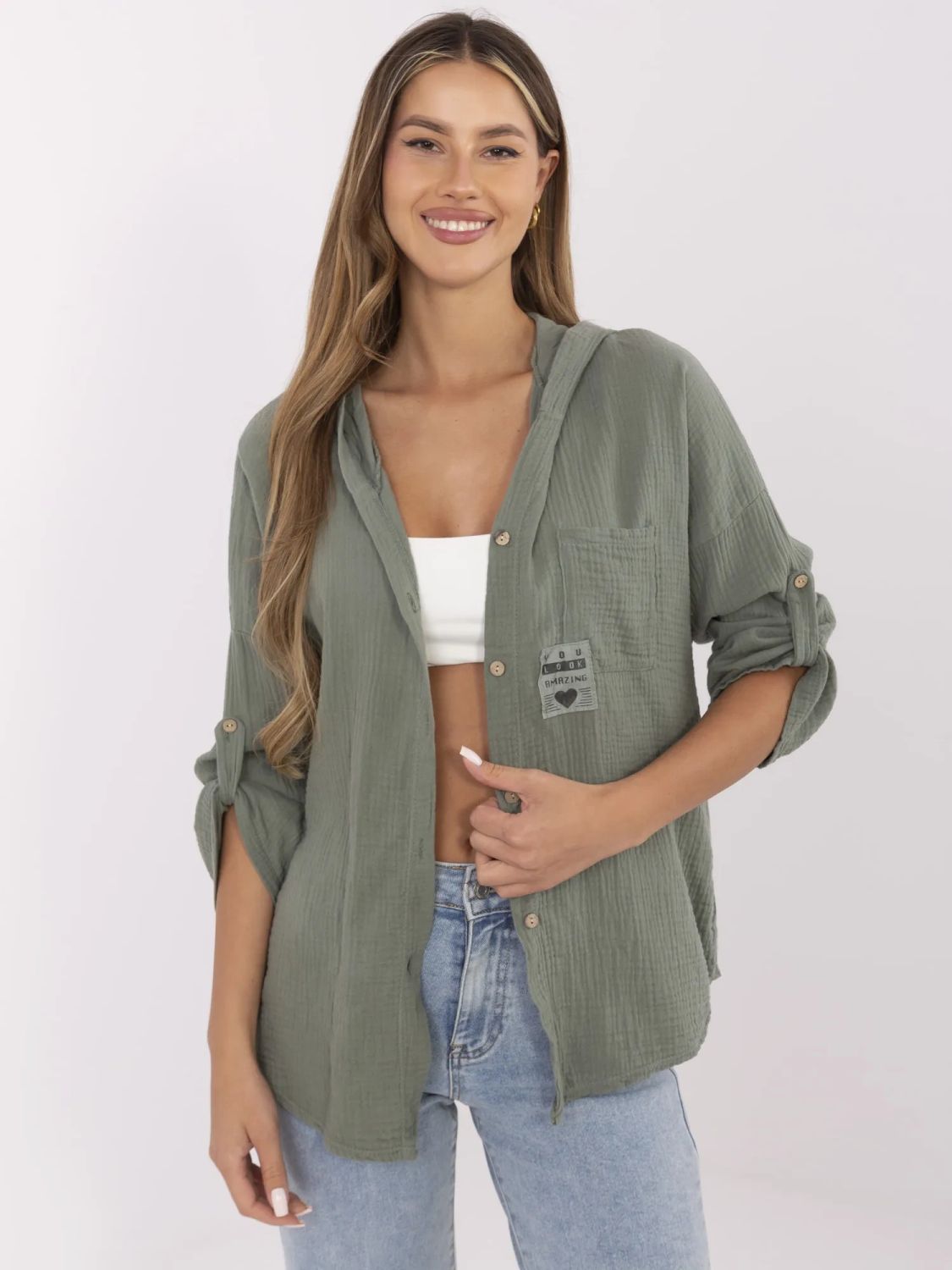 Stylische khaki Bluse mit Kapuze