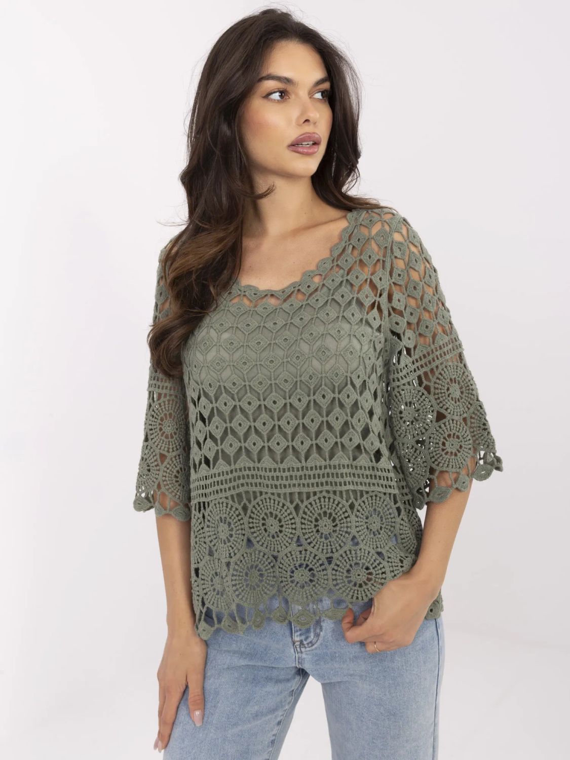 Stilvolle khaki Bluse mit 3/4 Ärmeln