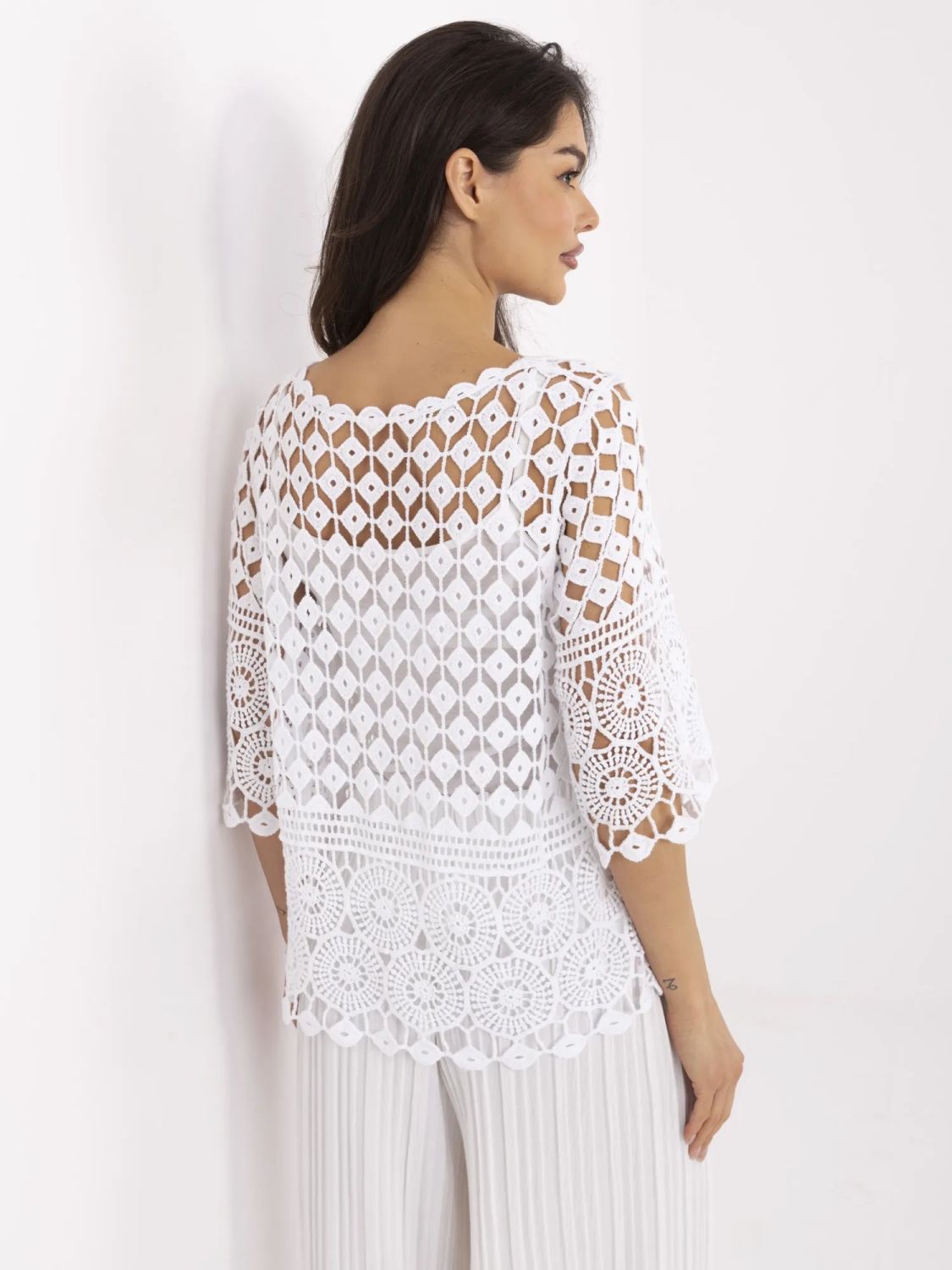 Weiße Boho-Bluse mit 3/4-Ärmeln