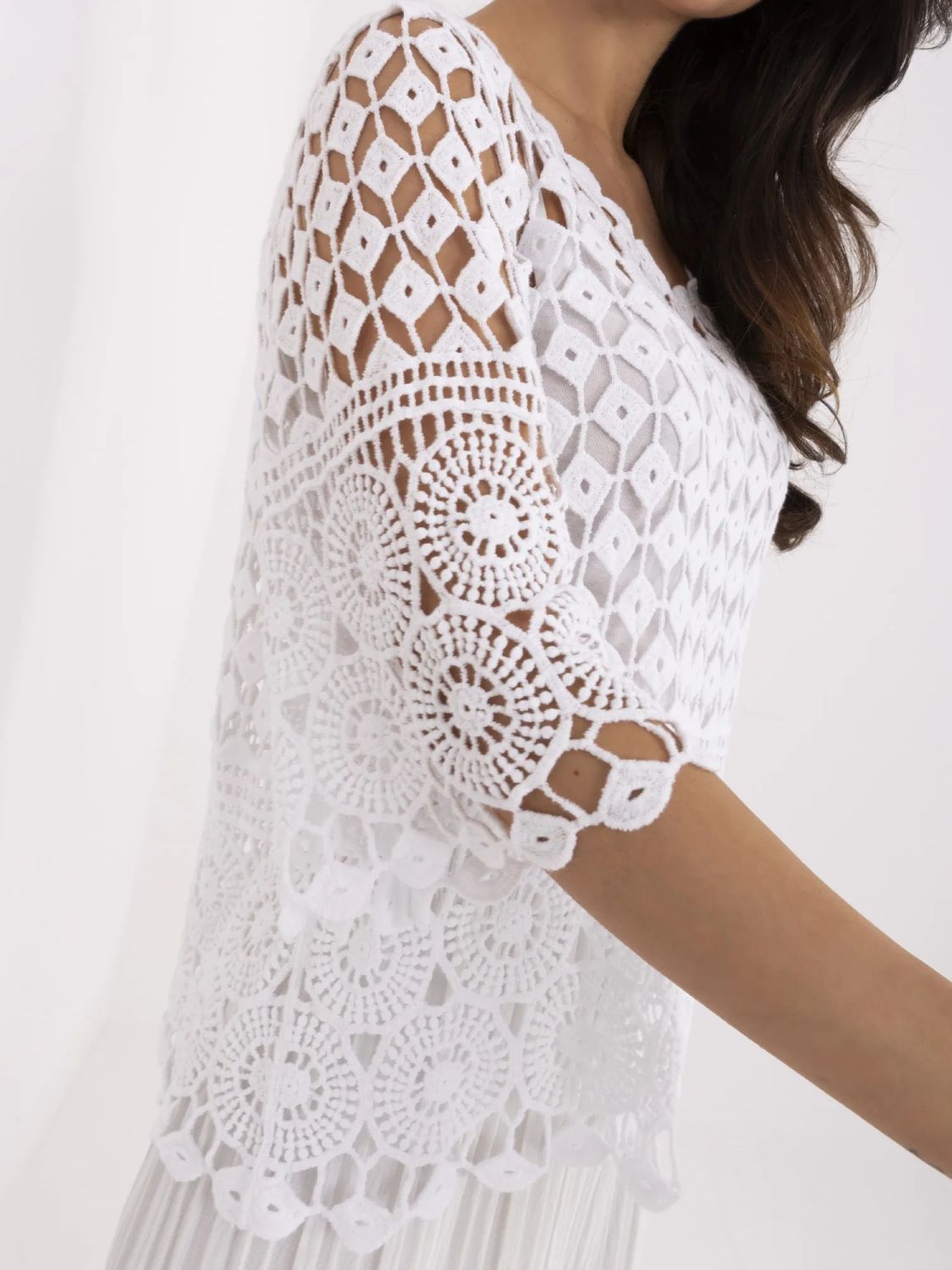 Weiße Boho-Bluse mit 3/4-Ärmeln