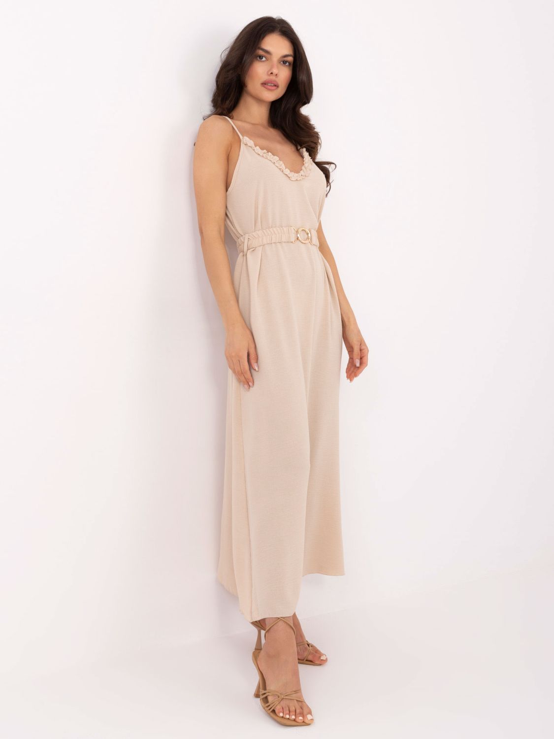 Beige Maxikleid mit Volant