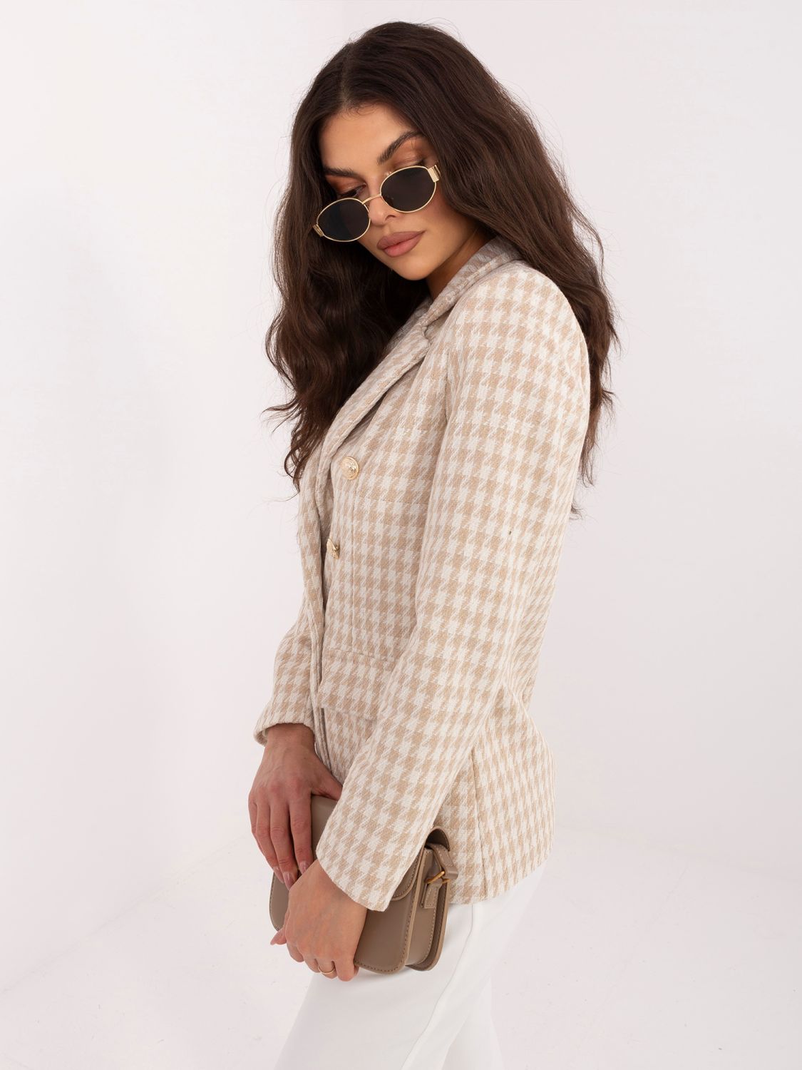 Beiger Blazer mit Hahnentrittmuster und Futter