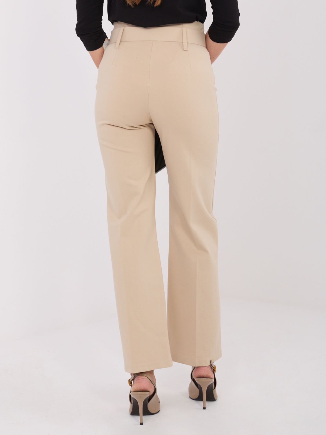 Beige elegante Stoffhose mit hohem Bund und Gürtel