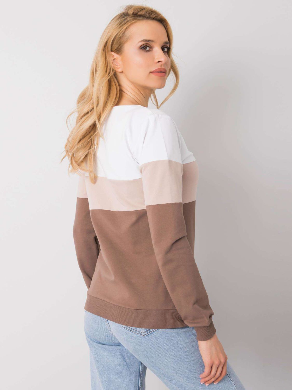 Weiß-braunes Damen-Sweatshirt mit Rundhalsausschnitt