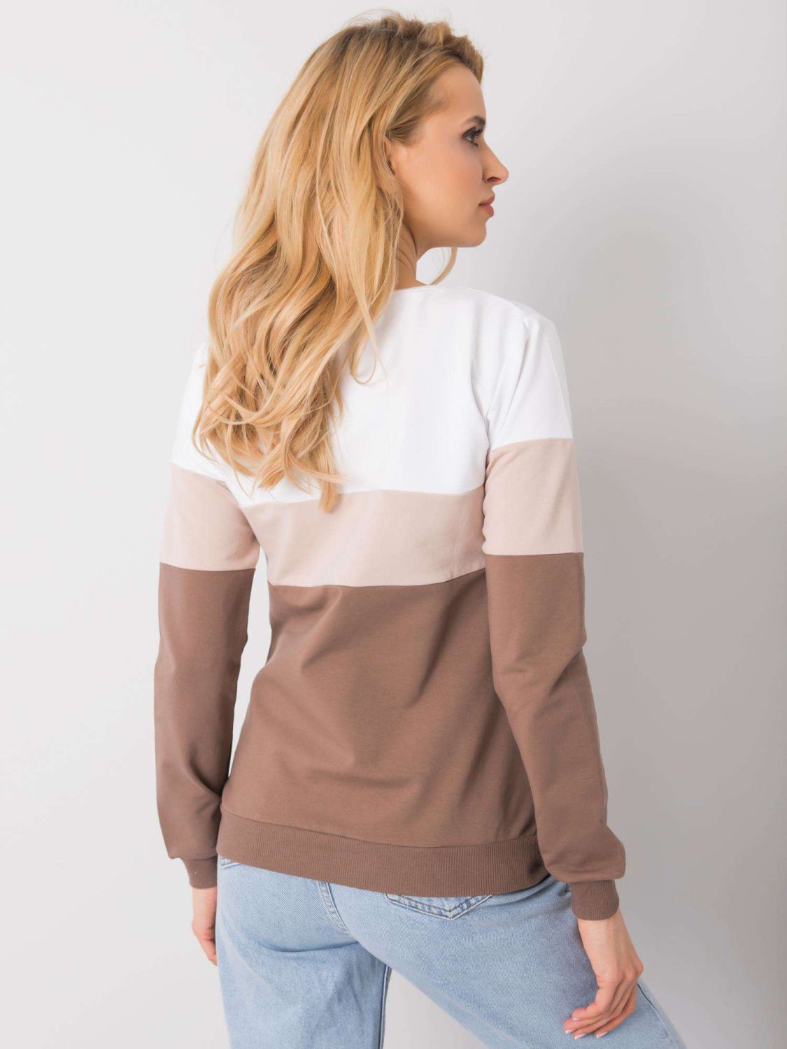 Weiß-braunes Damen-Sweatshirt mit Rundhalsausschnitt