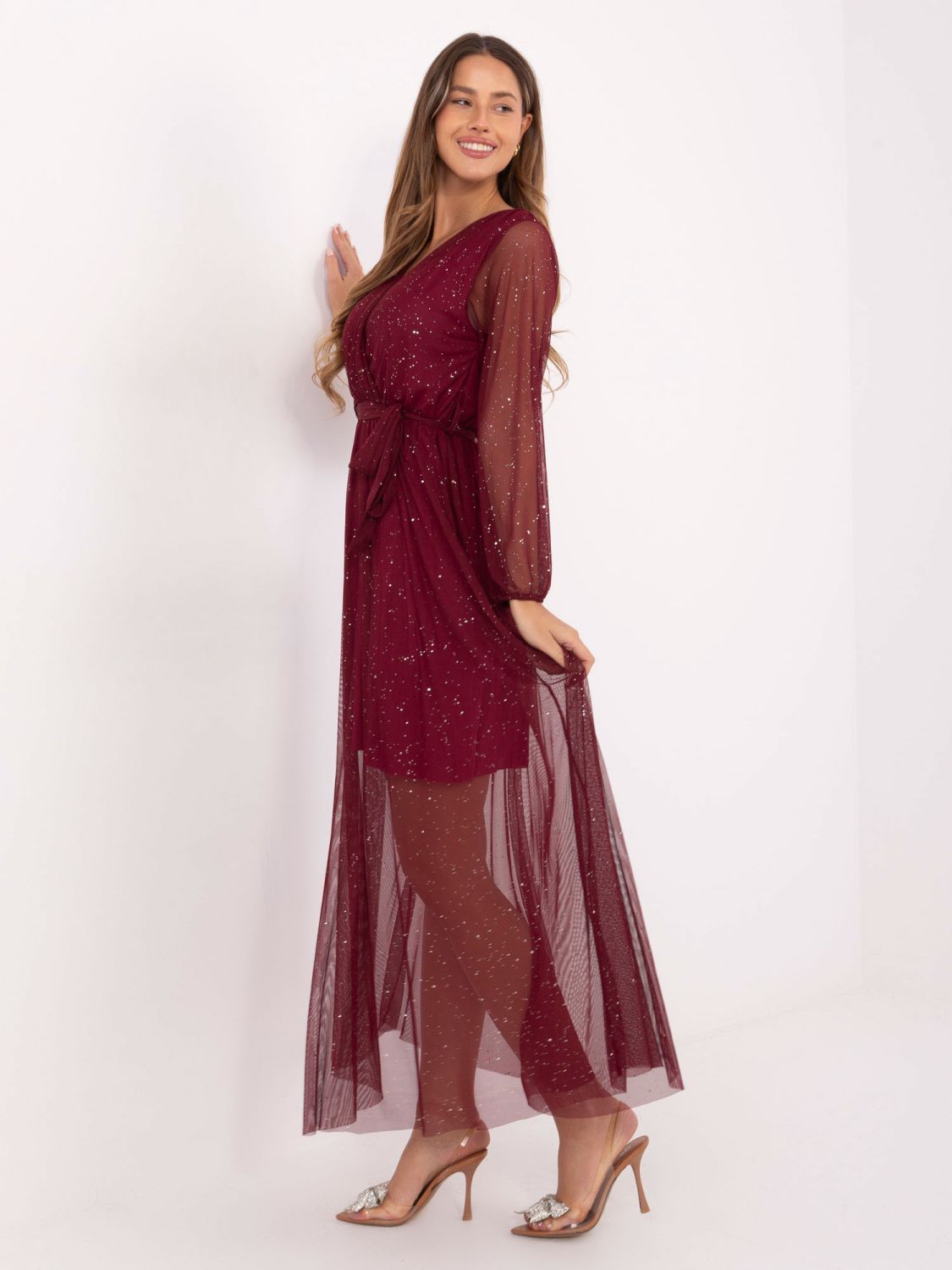 Bordeauxfarbenes Maxi-Kleid mit Gürtel und Futter