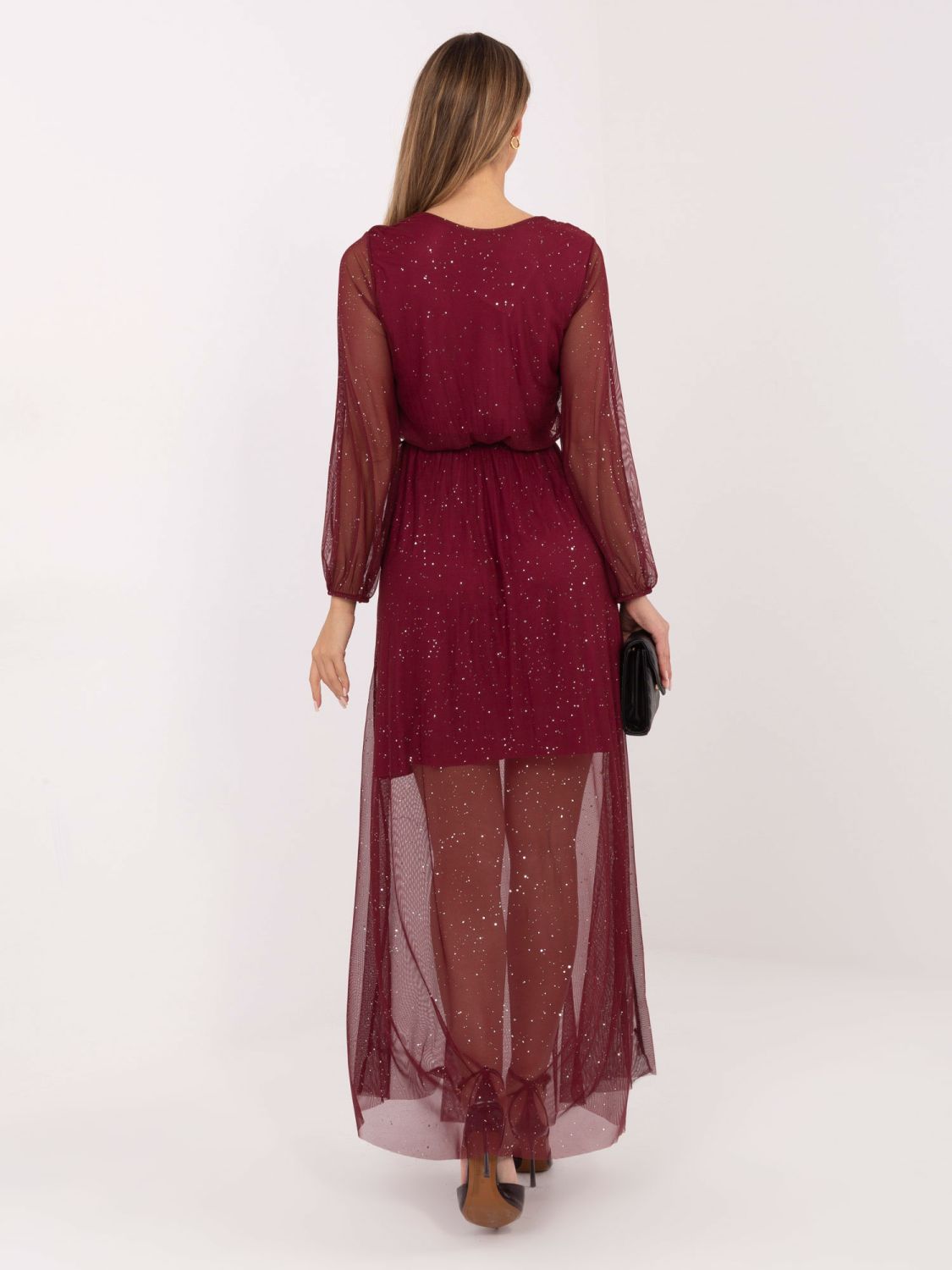 Bordeauxfarbenes Maxi-Kleid mit Gürtel und Futter