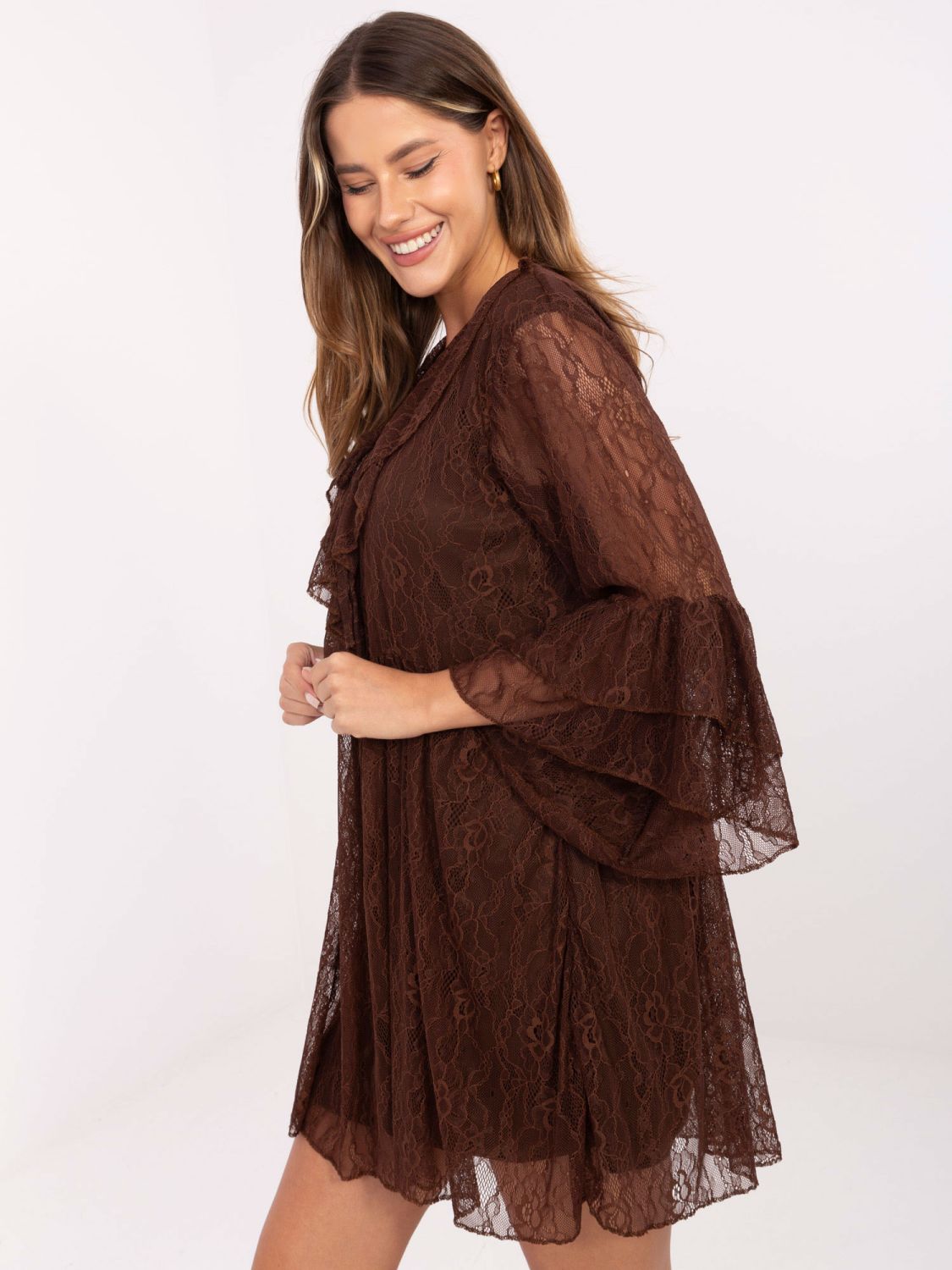 Braunes A-Linien-Minikleid mit Spitze und Schnürung