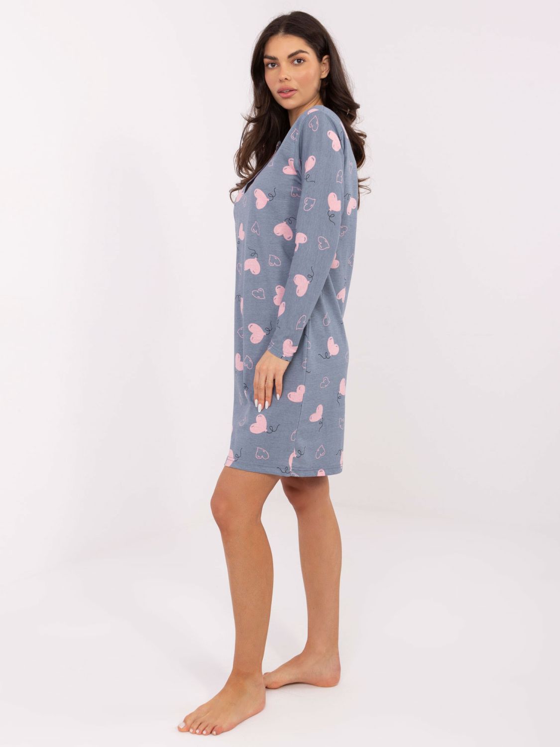 Damen-Nachthemd mit langen Ärmeln, dunkelblau, aus Baumwolle