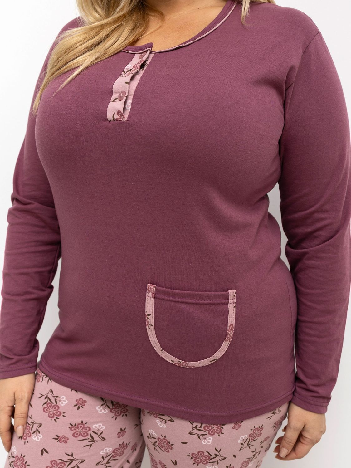 Damen-Pyjama mit Blumenmuster und langen Ärmeln, rosa