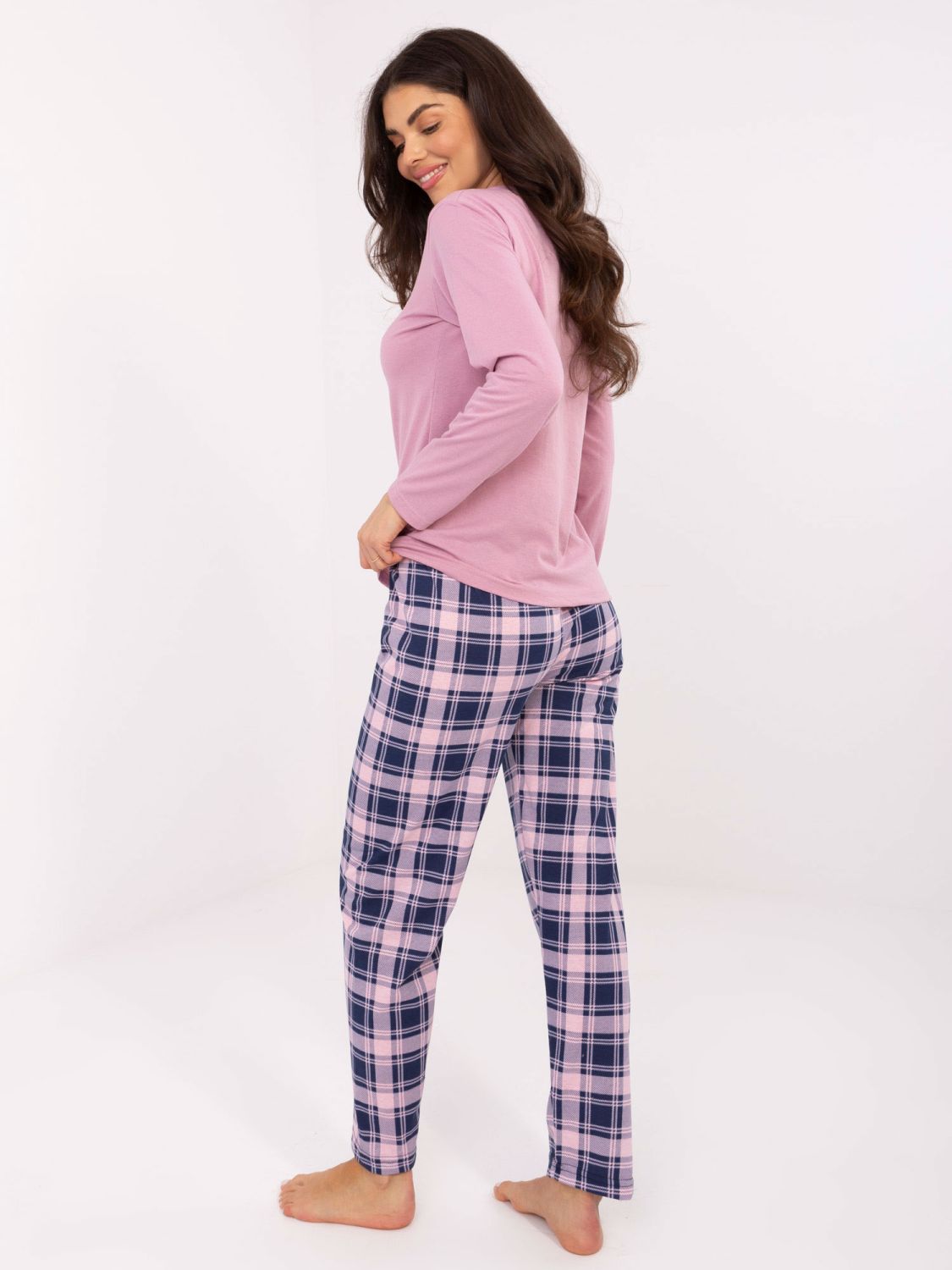 Damen-Pyjama mit langen Ärmeln in Rosa mit Karomuster